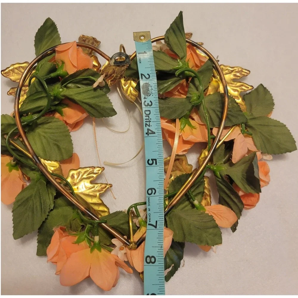 Vtg retro 80s Floral Wreath‎ Unisex OS Peach Gold Shabby Chic Heart Wall Decor
